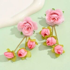Romantic 3D Roses Long Dangle Fabric Earrings